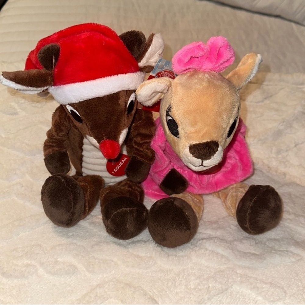 DunDee Set of Boy & Girl Rudolph Red-Nosed Reindeer Plush Squeaky Dog Toys